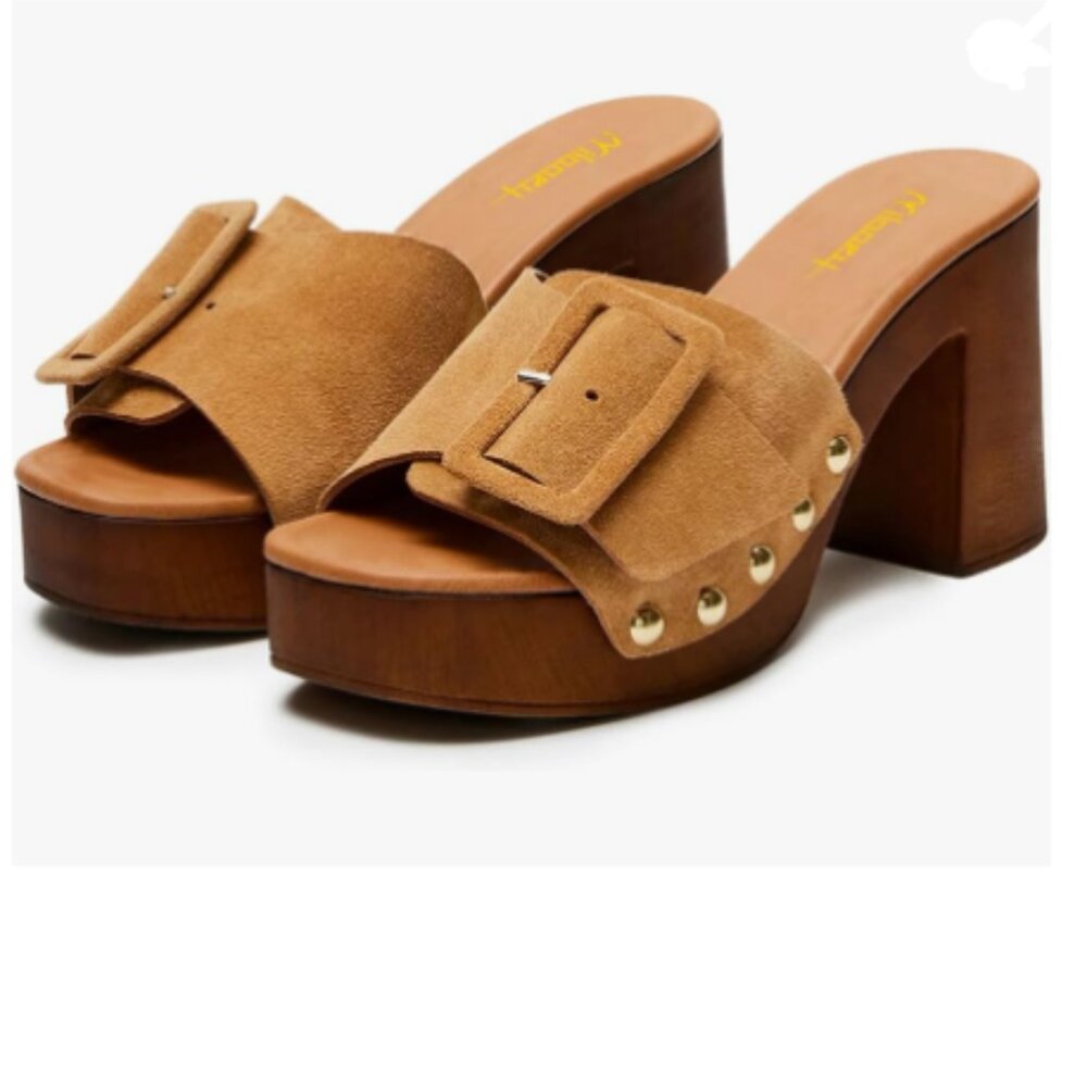 Milooey shoes Chocolate Open Toe Studded Platform Mules Block High Heel Slippers